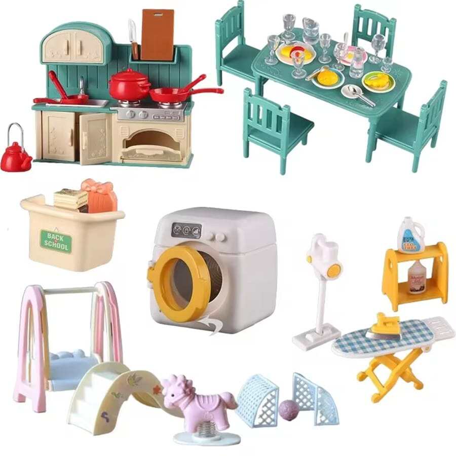 Kids Pretend Play Mini Washing Machine Kitchen Scene Toy Set, Doll House Miniature Furniture DIY Model