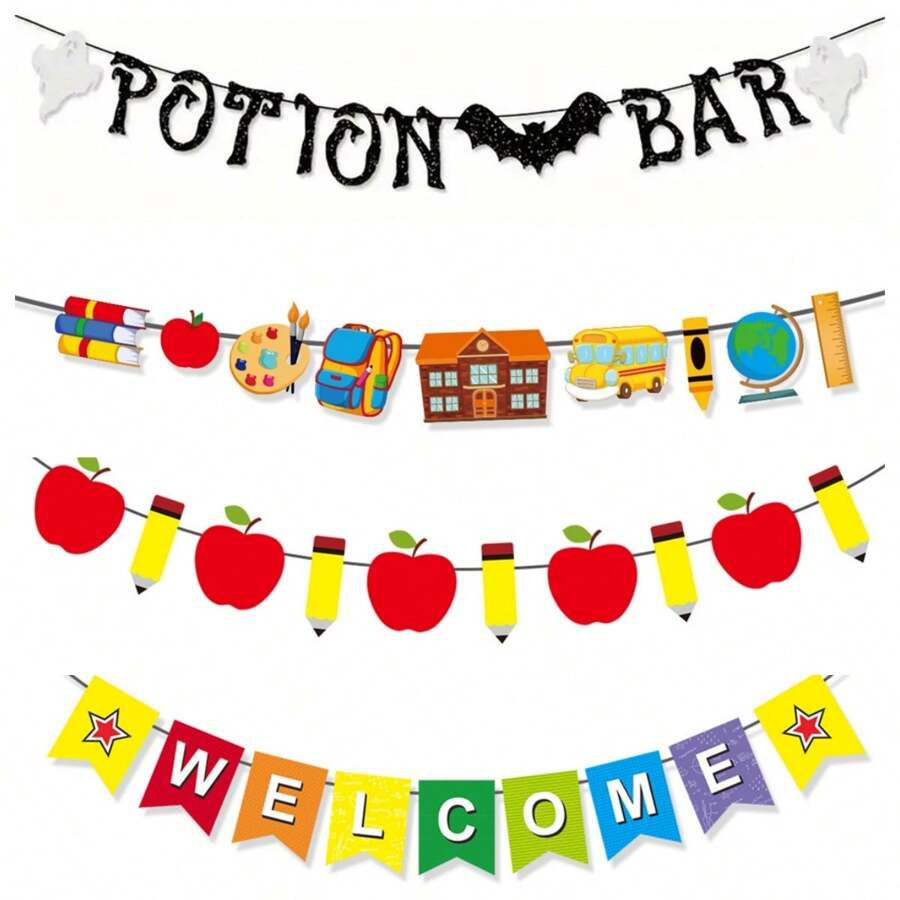 Pancarta de barra de pociones de regreso a la escuela y Halloween - Decoración de papel versátil para fiestas y eventos temáticos