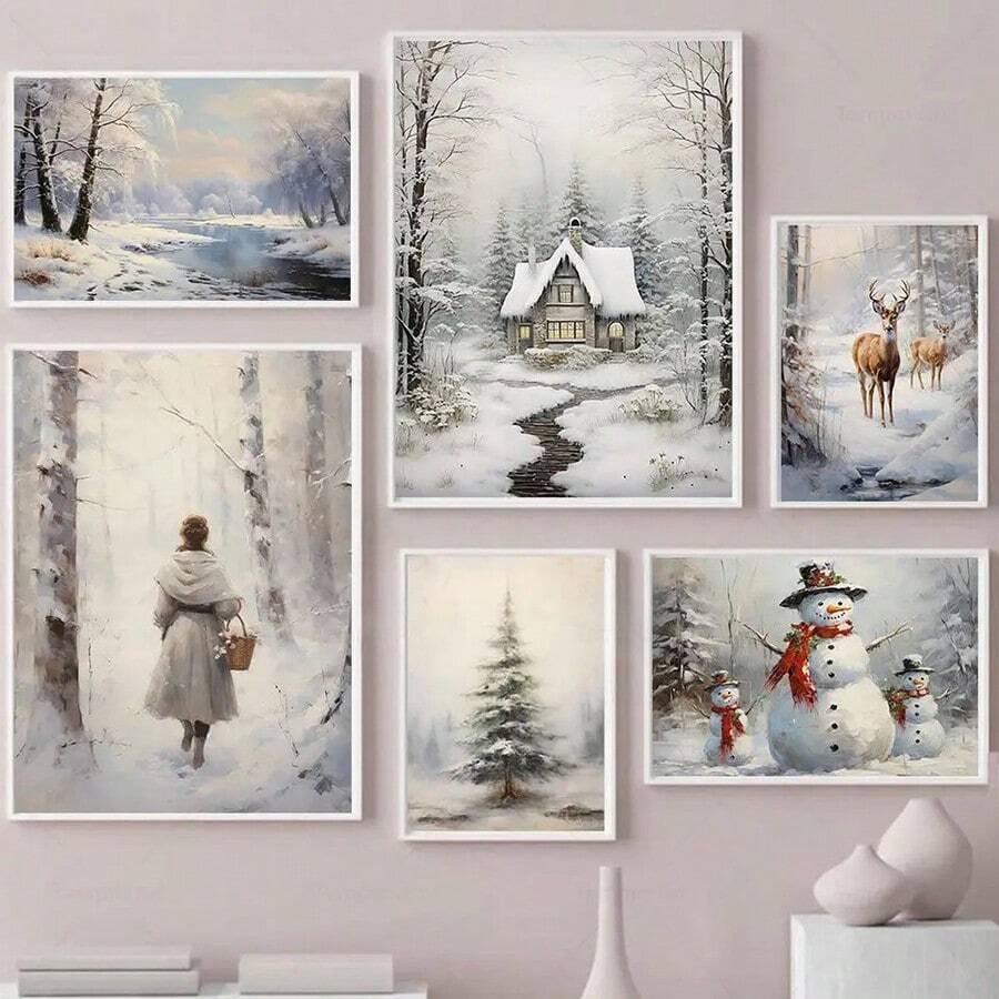 1 pièce Peinture murale décorative moderne, affiche de paysage de Noël d'hiver, décor de ferme, cerf, pomme de pin, bonhomme de neige, paysage naturel, peinture sur canevas HD sans cadre pour décoration murale de salon