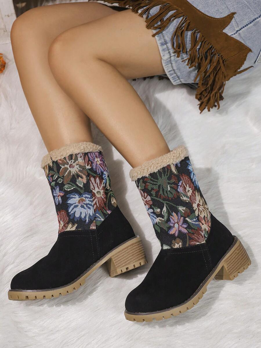 Plus Size Women's Velvet Snow Boots, Thick Bottom Anti-Slip Waterproof Heeled Boots For Winter With Flower Patchwork