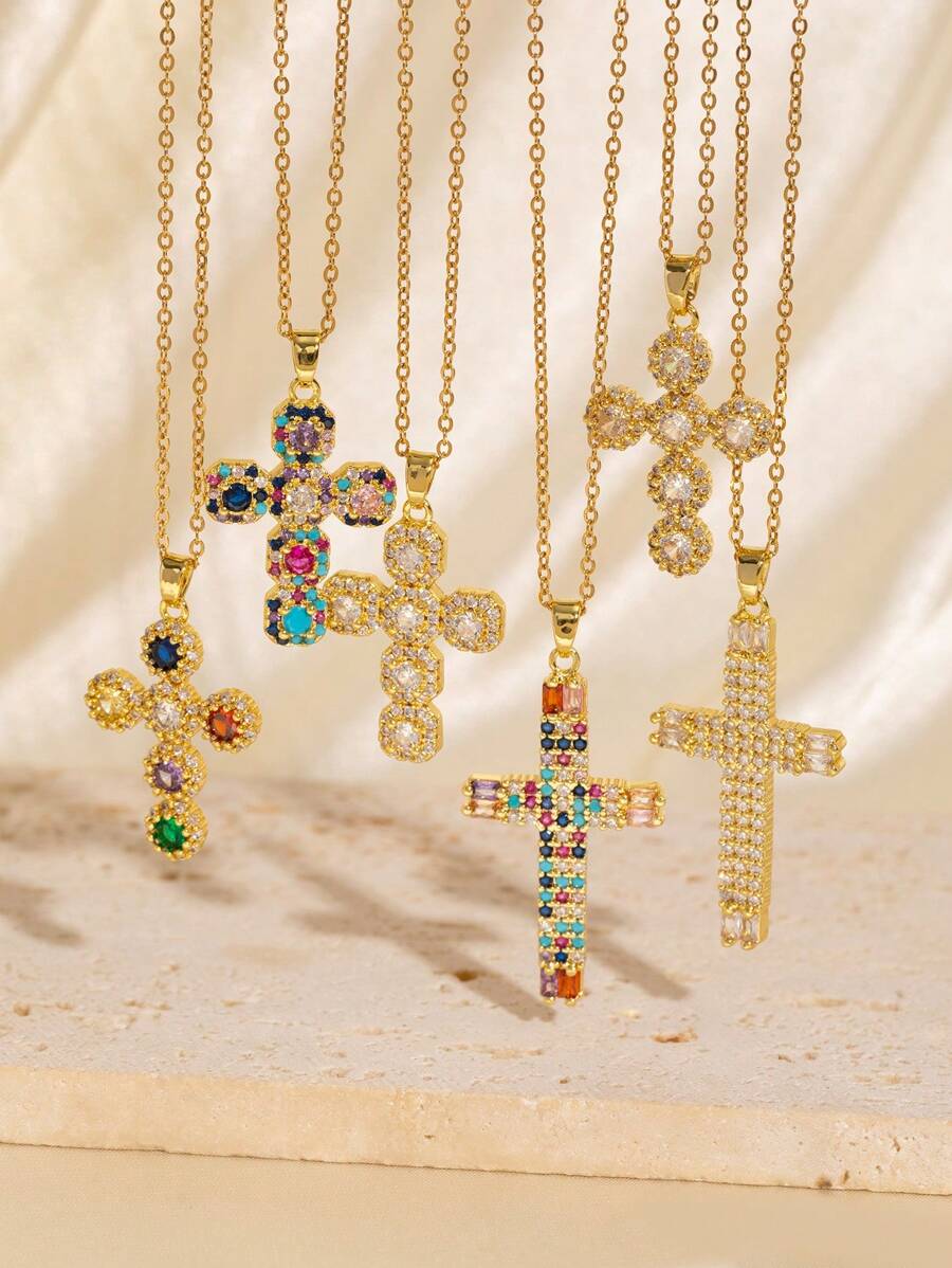 1pc Colar de cruz elegante e versátil, fé religiosa, zircônia cúbica, banhado a ouro, presente de aniversário para amigos