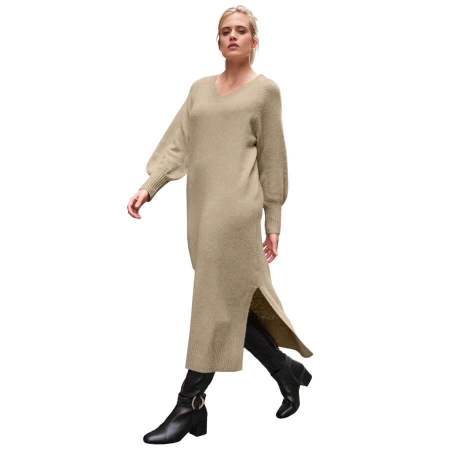 Ellos Women's Plus Size V-Neck Midi Sweater Dress With Side Slits