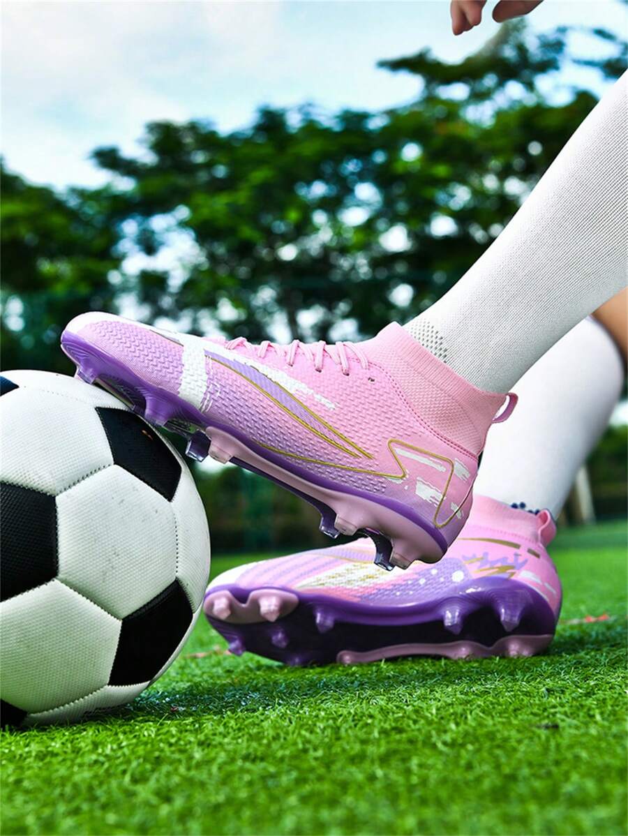 Modische Paar rosa, weiße, blaue geformte 3D Stollen High-Top Fußballschuhe, unisex Sportschuhe
