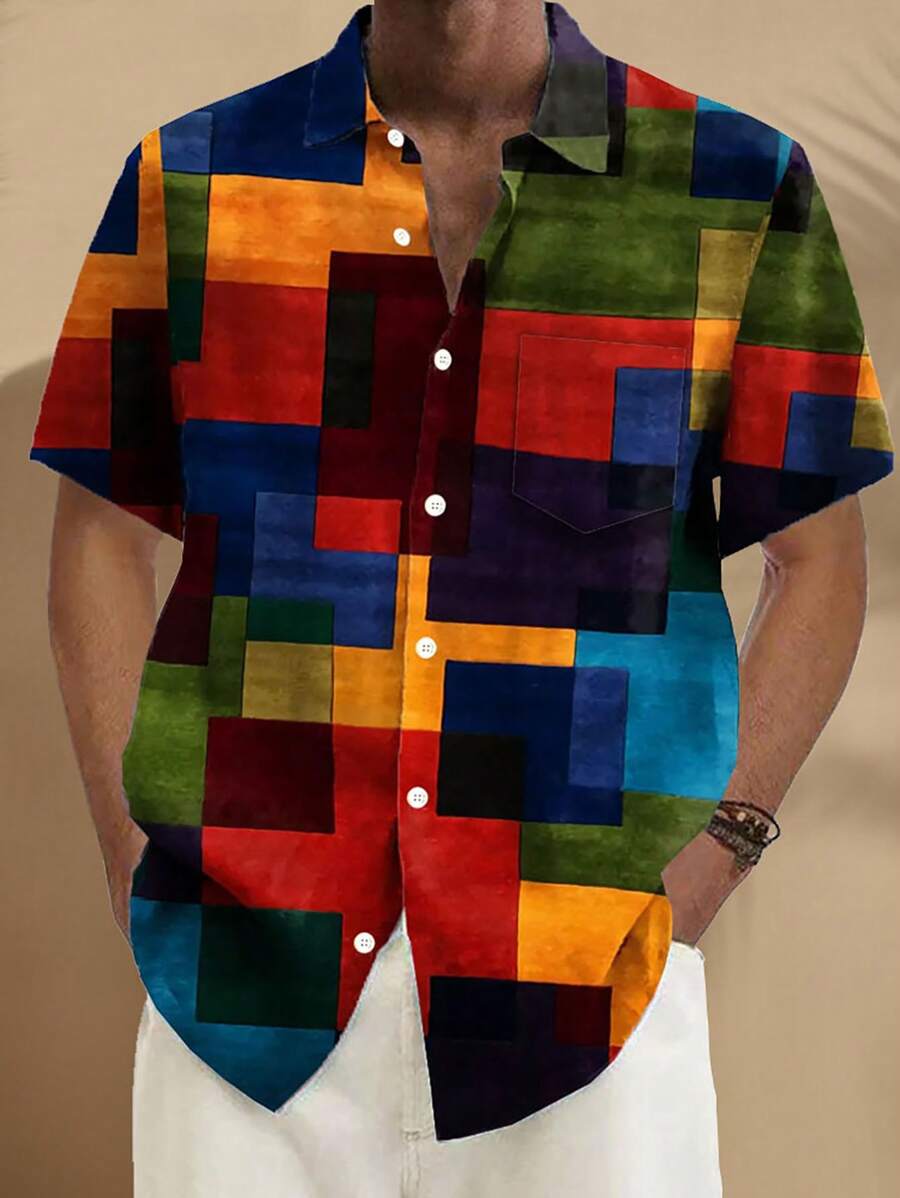 Camicia casual con abbottonatura classica e maniche corte, stampa digitale 3D geometrica vintage a blocchi di colore, per uomo, taglie comode