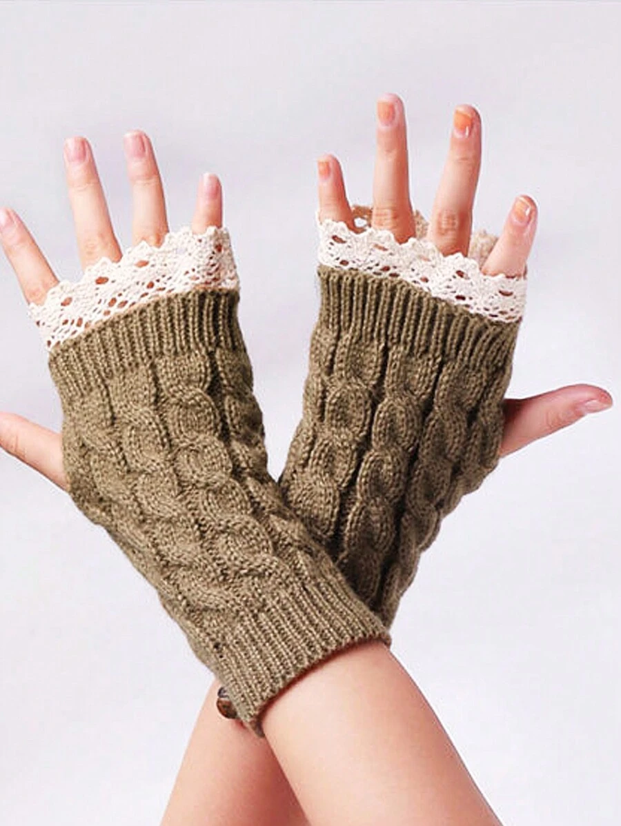 1pair Fabric Hollow Floral Lace Twist Fingerless Knitted Gloves For Women Valentine's Day Valentines