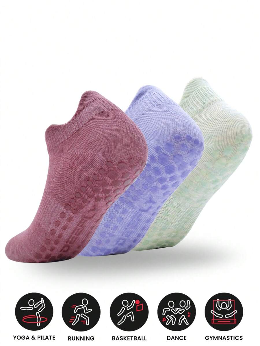 Sports Outdoor 3 Pairs Women's Non-Slip Boat Socks, Solid Color, Regular Thickness, Suitable For Home, Hospital, Pregnancy, Fitness, Pilates And Yoga