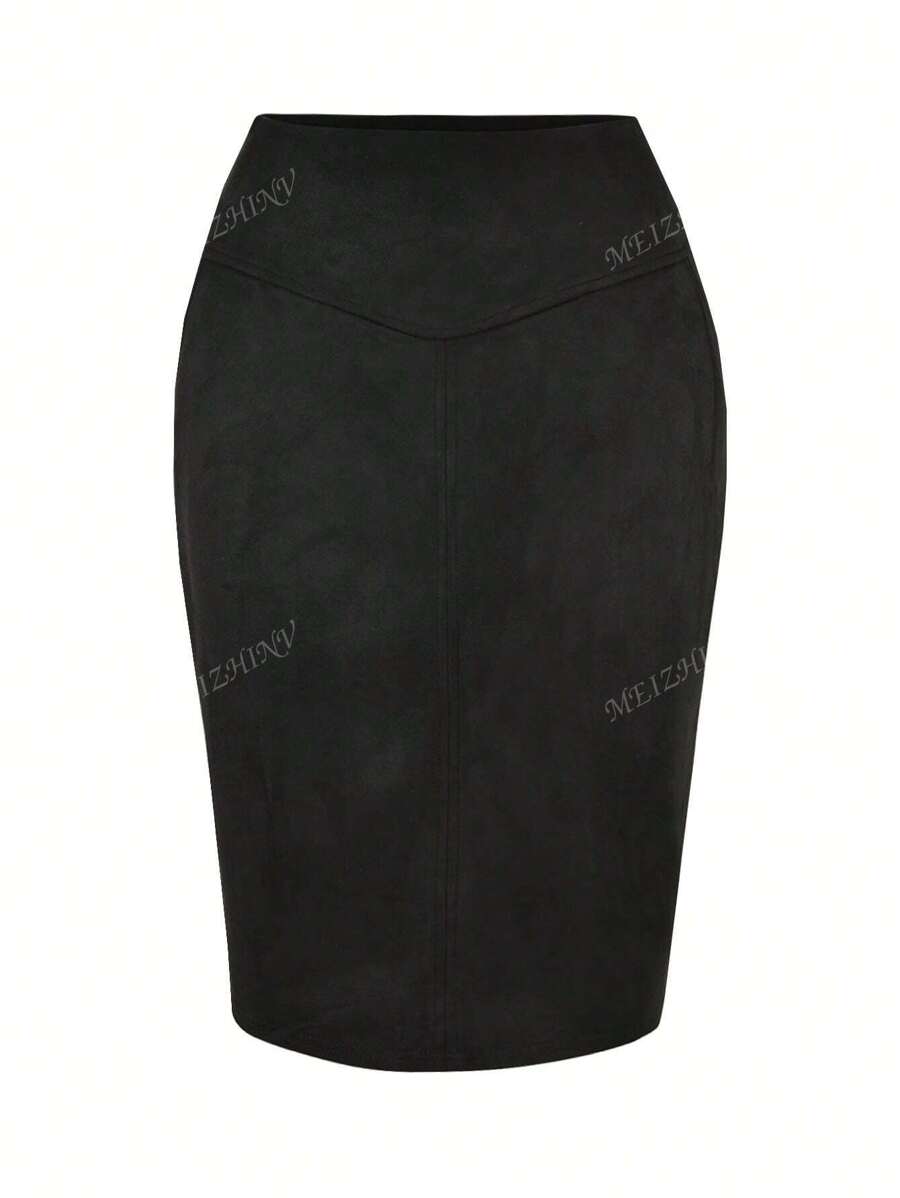 Women Suede High Waist Wrap Fitted Knee-Length Skirt, Business Casual Pencil Skirt