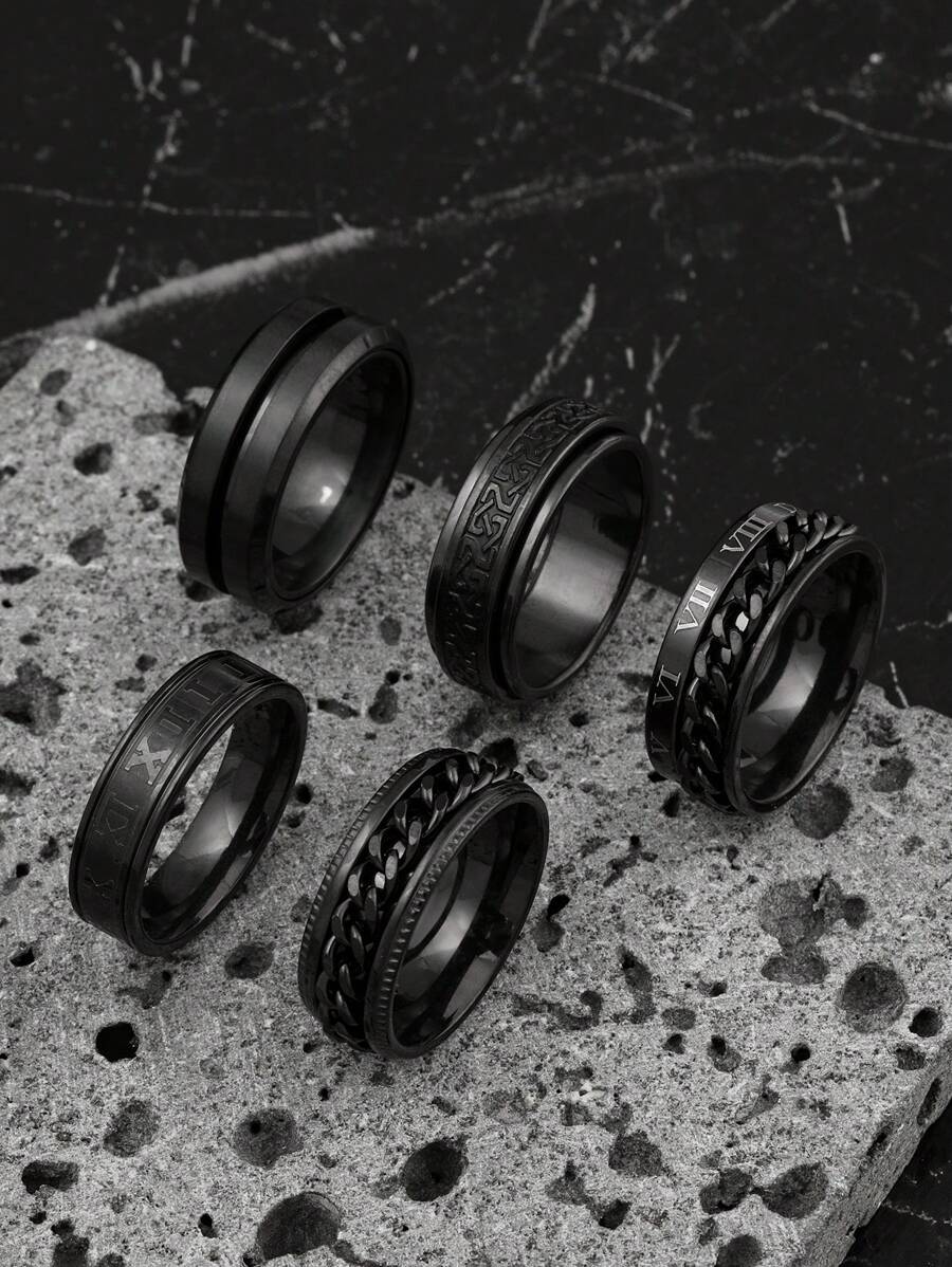5 Stücke modisches Design Ring Set aus Edelstahl mit Textelementen in Römischer Schrift, geeignet für Herren und Damen für den täglichen Gebrauch, Feiertage, Verlobung, Dating, Hochzeit
