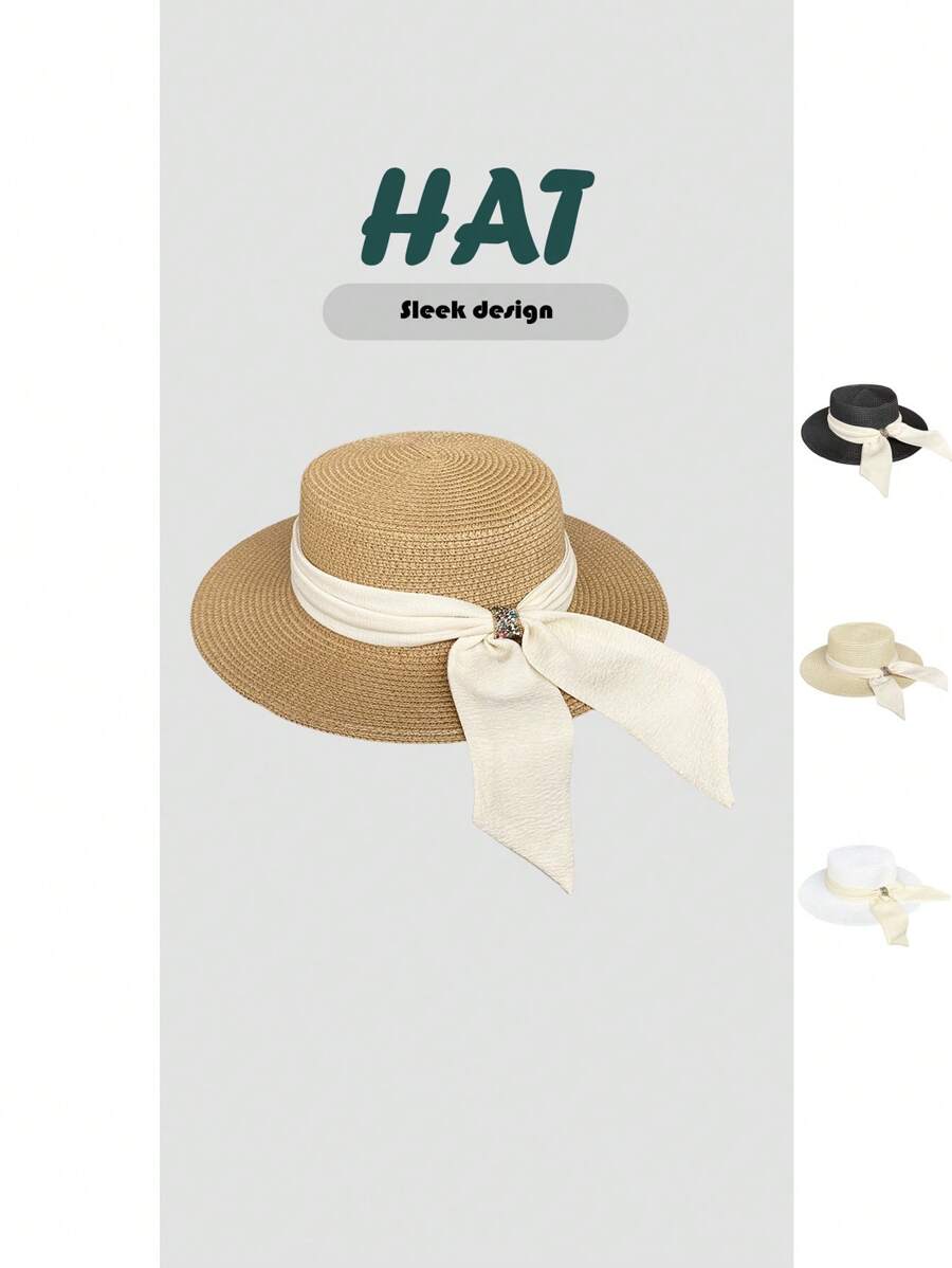 1 buc. Pălărie de soare în stil boho, elegantă, de culoare solidă, cu decorațiuni cu fundă, versatilă pentru femei