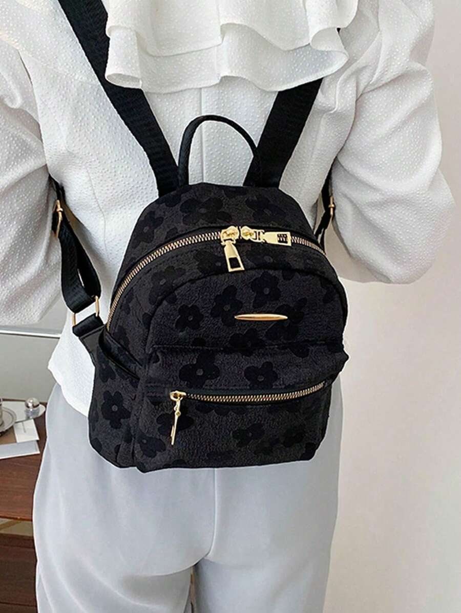 Mochila de lona con estampado floral diminuto, elegante y versátil para mujeres jóvenes, uso casual y de viaje