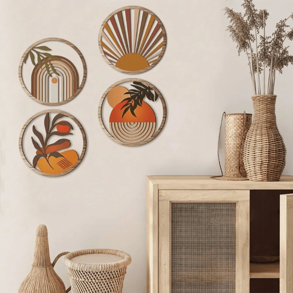 4pcs Wooden Wall Art, Bohemian Style Wall Hanging Art, Farmhouse Living Room And Bedroom Home Decor, Rustic Country Yard Hanging Decoration, Wall Decoration, Housewarming Gift,Home Decor ,Room Decor,Wall Decor Gifts Birthday Graduation