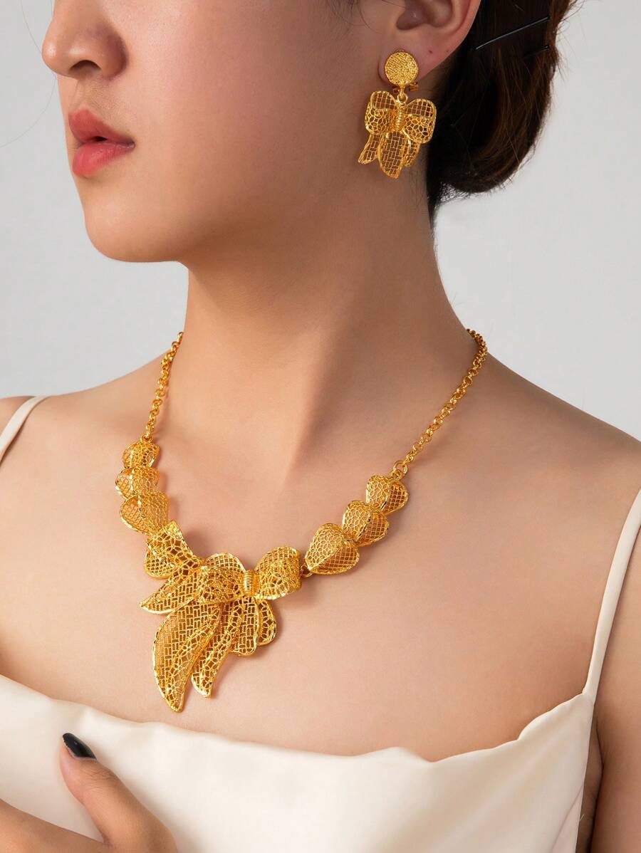 Juego de collar y pendientes de joyería chapada en oro de 24 quilates, estilo Dubai, 2 piezas/set