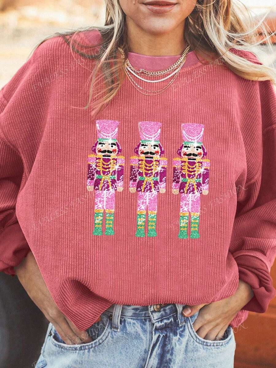 Sweat-shirt rond à encolure ronde avec décoration de casse-noisette de Noël à paillettes et épaules tombantes