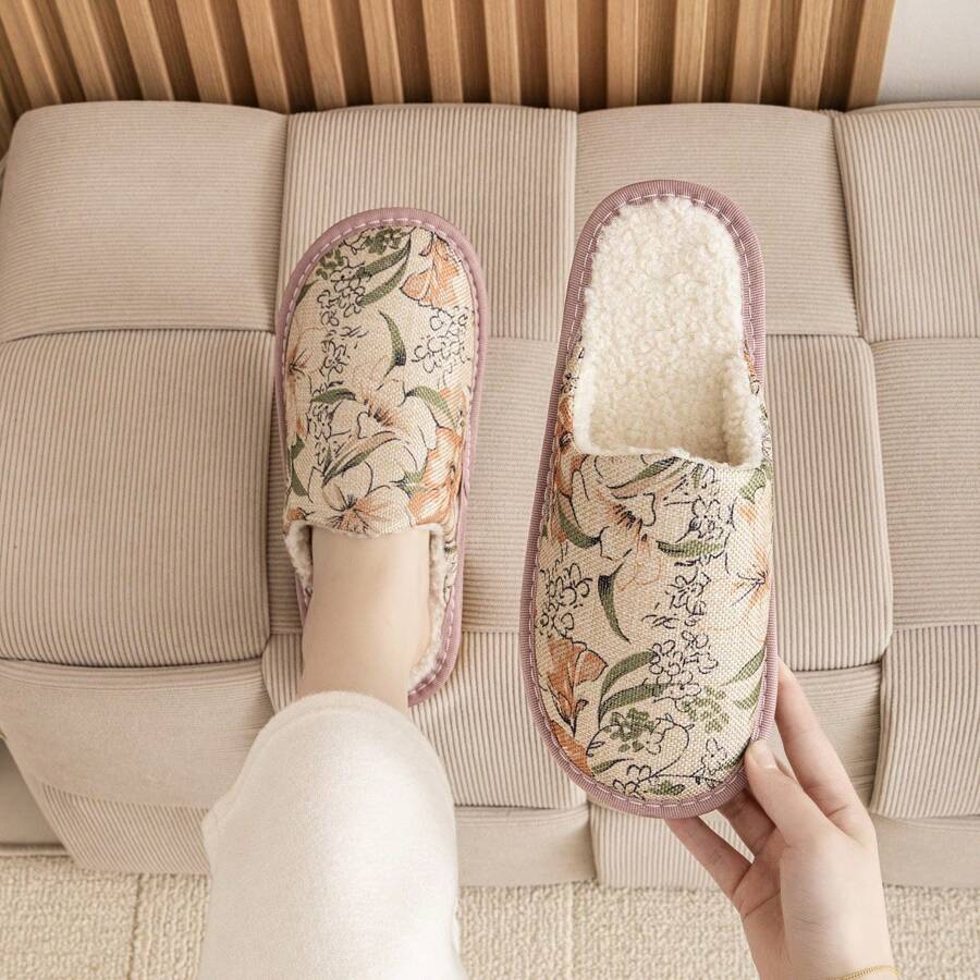 Women's Floral Printed Fabric Warm House Slippers, Non-Slip Soft Bottom Indoor Slippers, Autumn/Winter