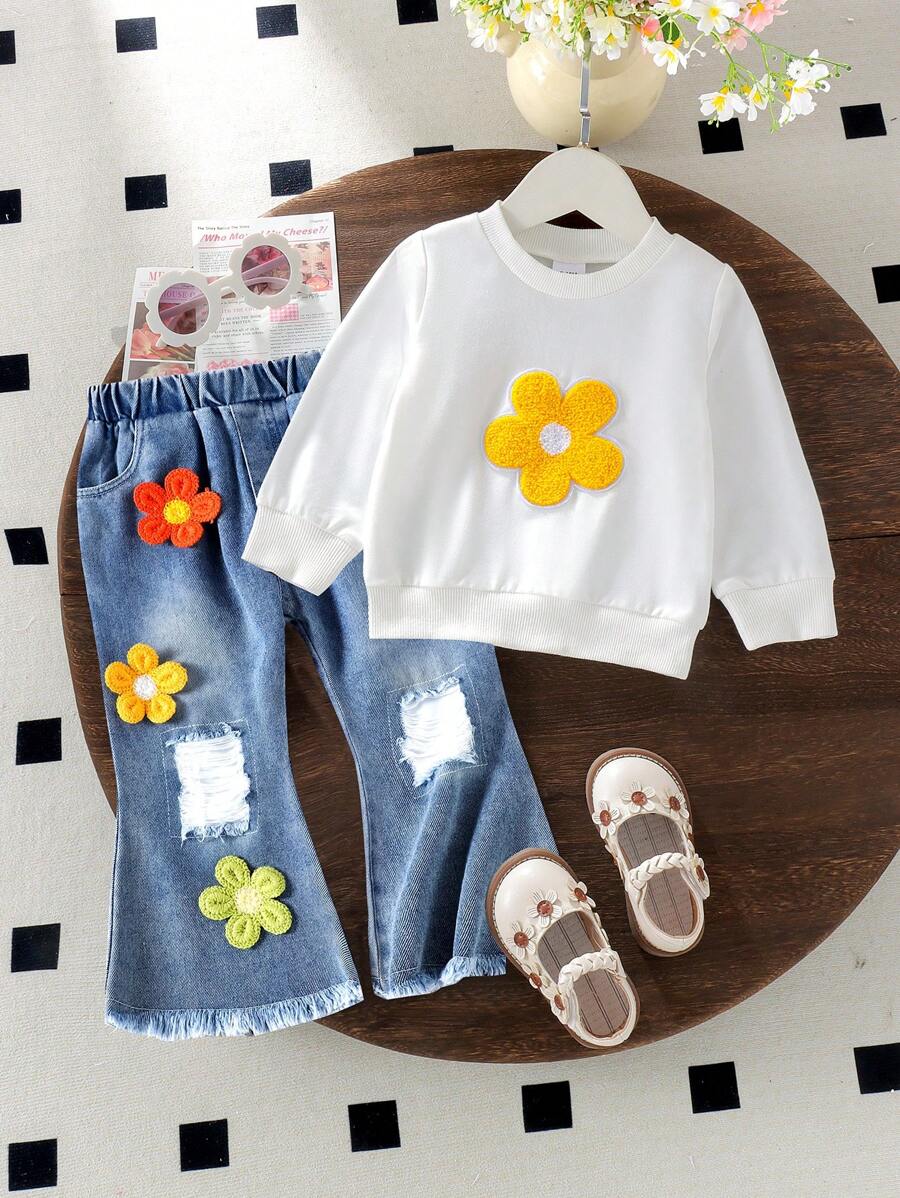 Set van 2 stuks babymeisjes, casual schattig bloemenpatroon, sweatshirt met lange mouwen + dunne spijkerbroek, lente en herfst
