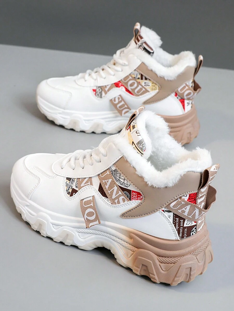 Zapatillas deportivas de mujer con suela alta y bloques de colores, forradas térmicamente, zapatos planos casuales para el invierno