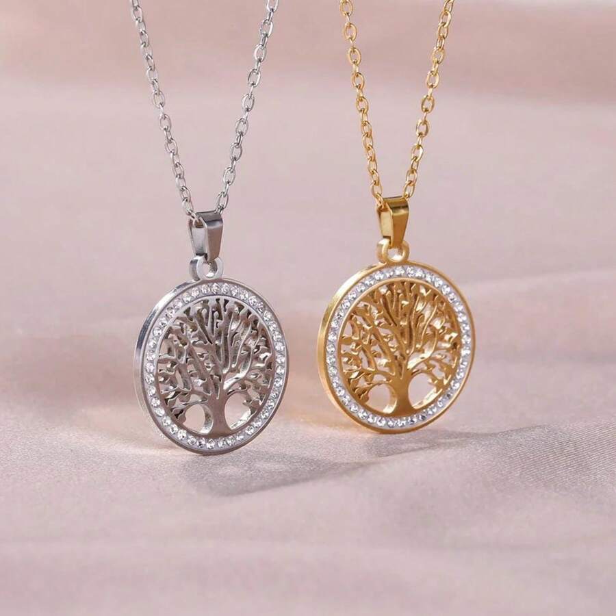 Hollow Tree Of Life Necklace, Clear Crystal Round Pendant Luxury Wedding Gift For Women