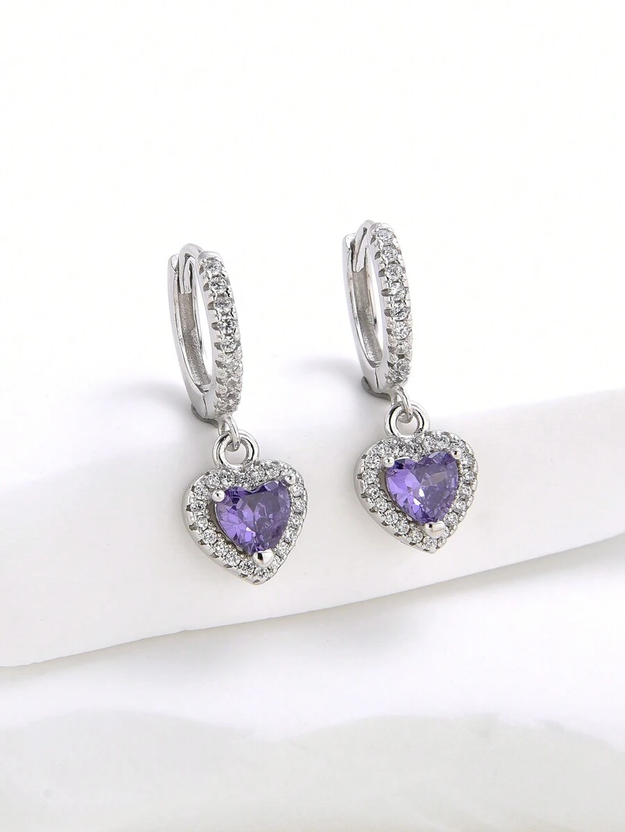 1 par de brincos de coração de zircônia cúbica de prata esterlina 925 glamourosos para mulheres, roxo