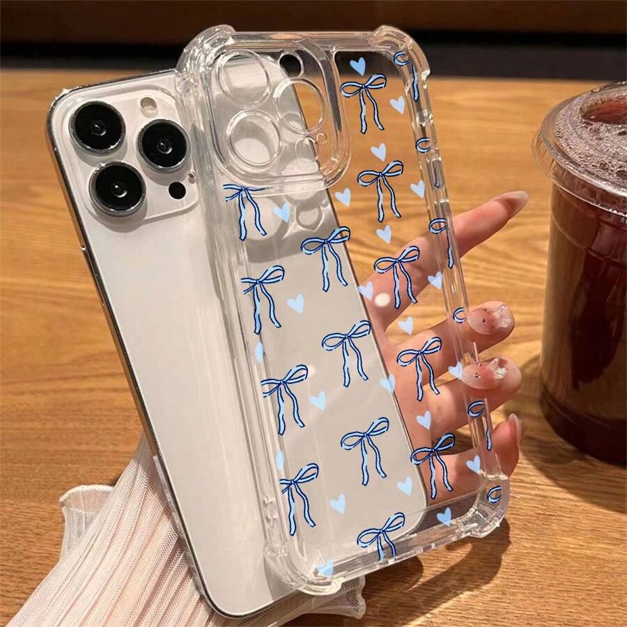 Apple Bow Phone Case New Autumn/Winter Ladies Elegant Stylish Blue Bowknot Heart Silicone Phone Case, Compatible With Iphone 16, 15, 15 Pro, 15 Pro Max, 14, 13, 12, 11, Xs MAX Series, Fashionable And Gorgeous Mobile Phone Protective Cover