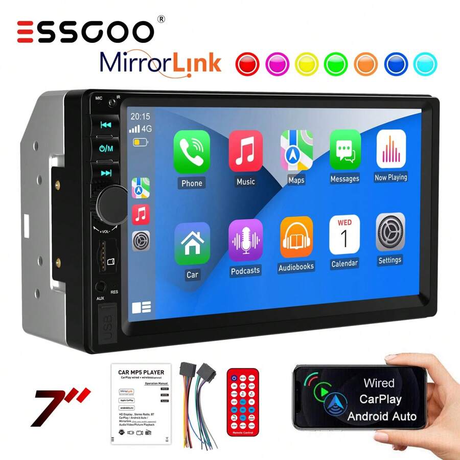 ESGOO 7 Inch Double DIN Car Stereos Head Unit Radio Wired Carplay Android Auto MP5 Player Bluetooth Handsfree IPS Touch Screen USB AUX-IN TF Mirror Link