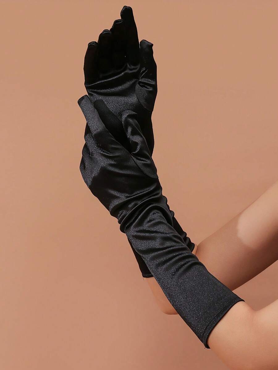 1pair Black Satin Stretchy Satin Women Sexy Opera Gloves, Suitable For Formal Events, Wedding, Party Outfitwedding