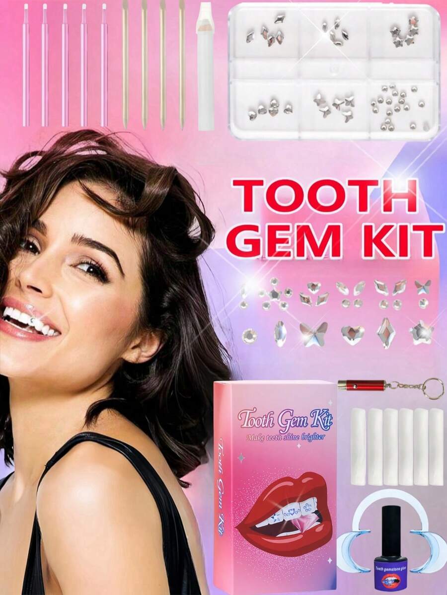 Set de gemas dentales - Kit de pegatinas para dientes de bricolaje autoadhesivas en caja, joyas para dientes de cristal de rinoceronte súper brillantes, calcomanías dentales extraíbles europeas y americanas, cristales decorativos de belleza dental, cristales asimétricos con forma de mariposa de fondo plano, accesorios brillantes y glamorosos de bricolaje para niñas, joyas dentales de cristal súper brillantes, suministros de cuidado oral con estilo personalizado de hip-hop con cristales incrustados, incluye herramientas y pegamento