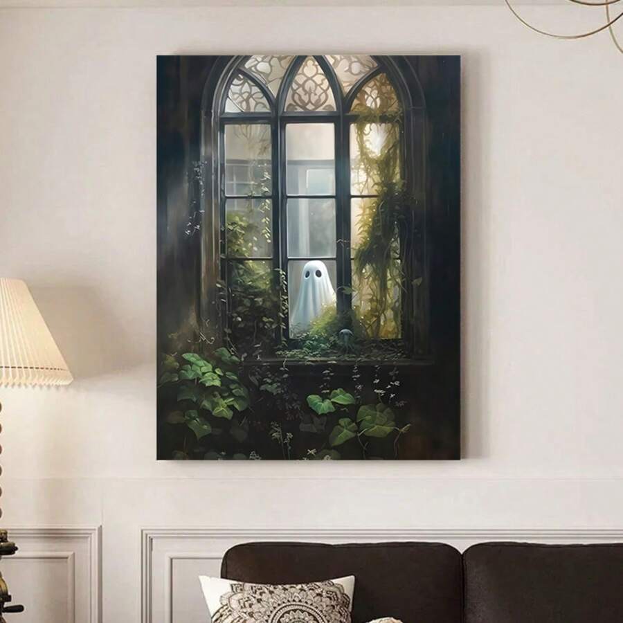 1pc Framed Vintage Ghost Canvas Wall Art Ghost Outside Looking In Cute Yet Spooky Aesthetic Poster Gothic Wall Art Spooky Halloween Decorations Gift For Halloween Lover Preppy Halloween Horror Wall Decor For Dorm Bedroom