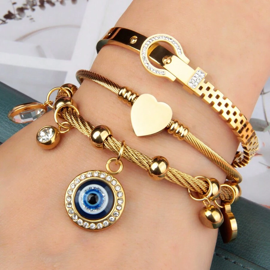 3pcs Western Style Exaggerated Multi-Design Key Chain Pendant Bracelet Set, Stainless Steel Plated Eye Charm Bracelet Gift For Women Holiday'