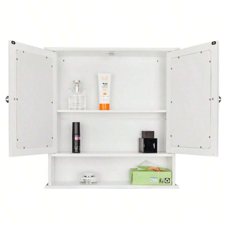 White Modern Toilet Wall Cabinet, Bathroom Closet Double Mirror Door, Storage Cabinet