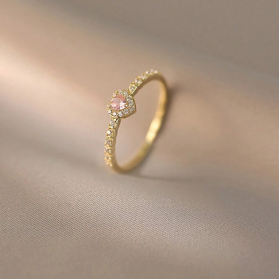 Bague en argent sterling S925 avec cœur rose incrusté de zircone synthétique, bague de mariage/fiançailles délicate pour dames, cadeau de bijoux spécial pour le couple à la Saint-Valentin