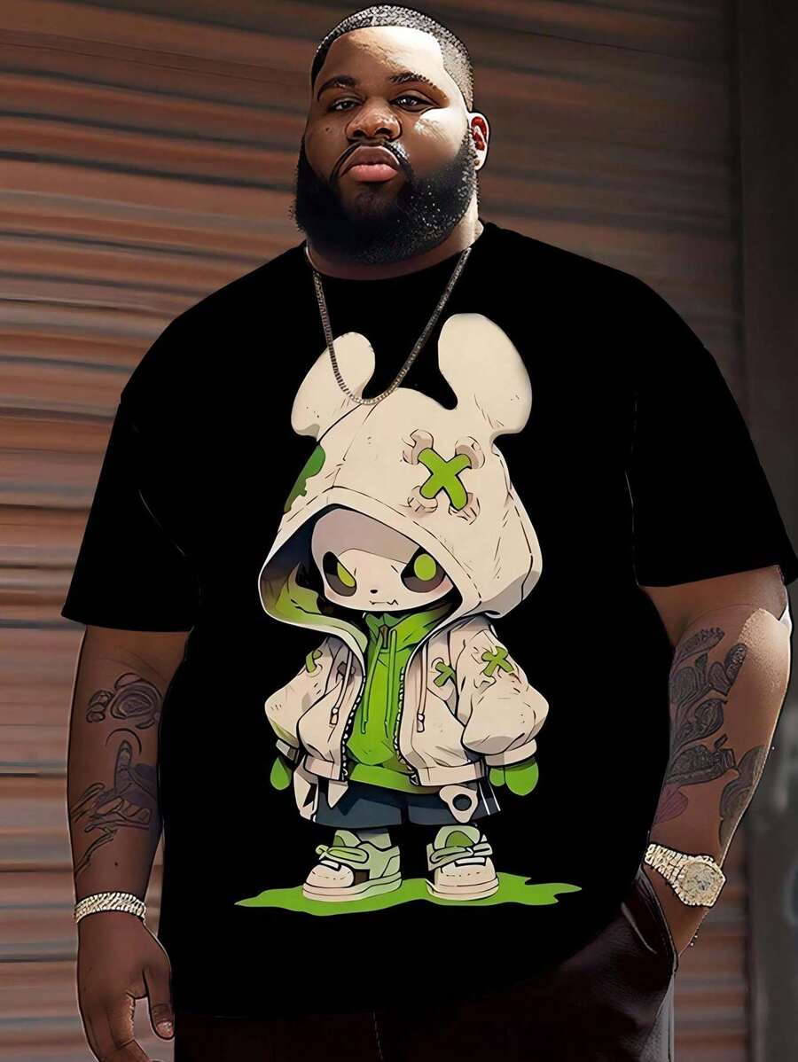 Plus Size Men's Casual Printed Letter & Cartoon Short Sleeve T-Shirt