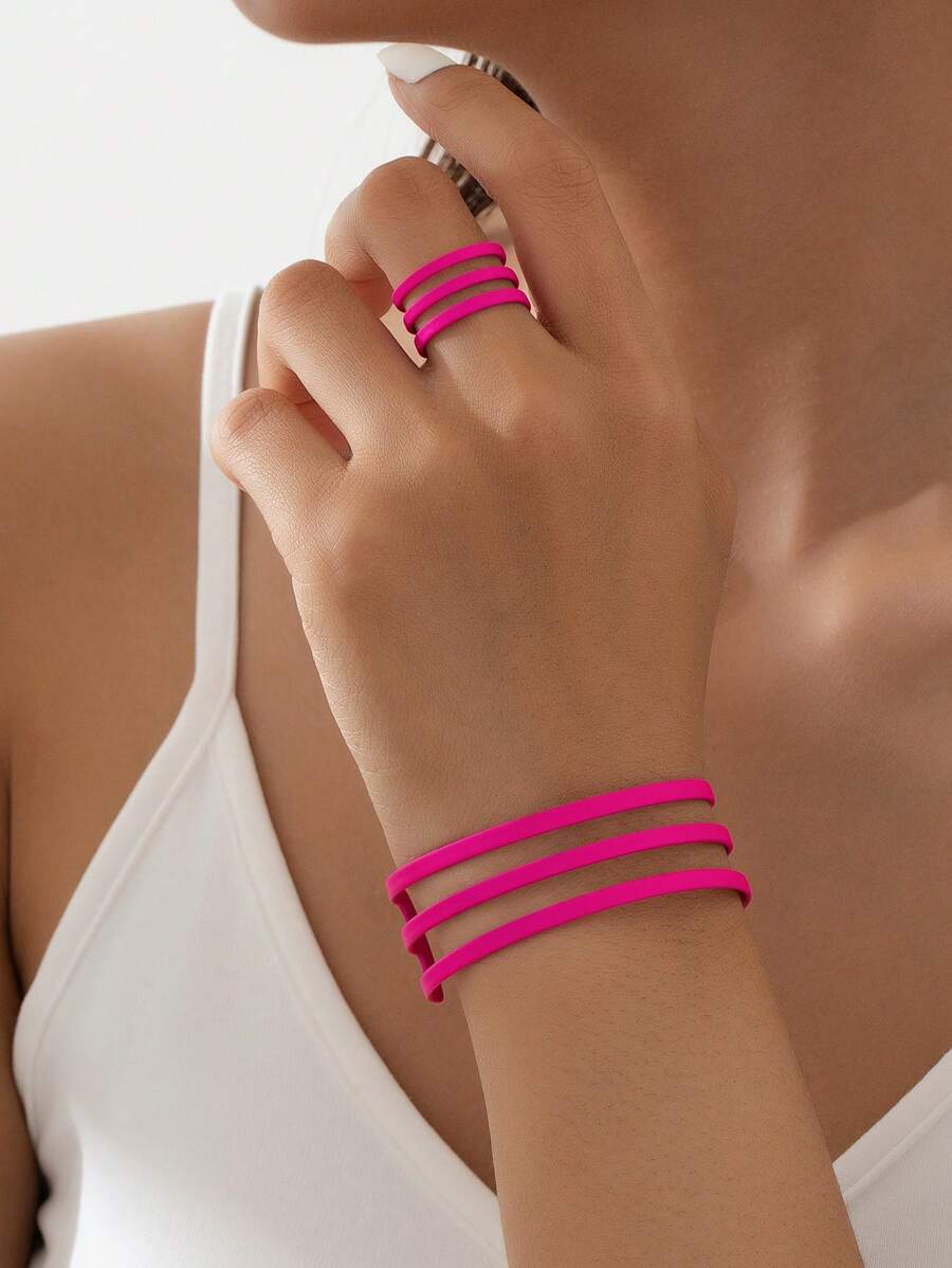 1 set Ensemble de bijoux bracelet et bague en métal creux avec motif de ligne, mode personnalisée, cadeau pour elle