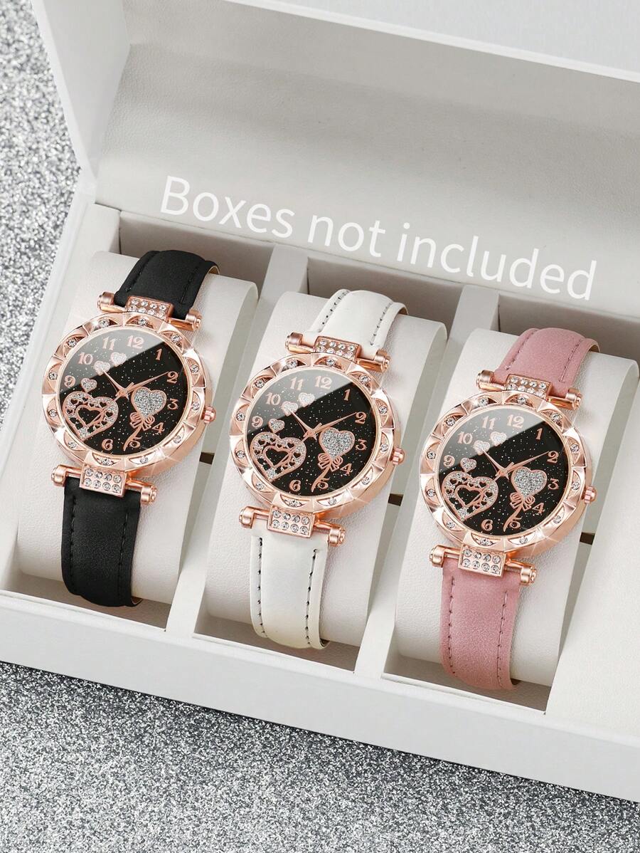 3 pièces/set Montre à quartz avec cadran chiffré et cœur sertis de strass, bracelet. Ensemble de la Saint-Valentin pour femme