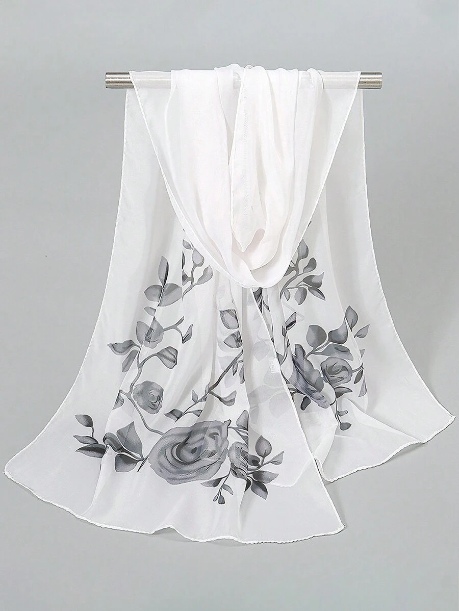 Elegant Rose Print Thin Scarf, Beach Sunscreen Travel Shawl Vintage Casual Long Chiffon Silk Scarf Large Wrap, Summer Women Hair Accessories Valentine's Day