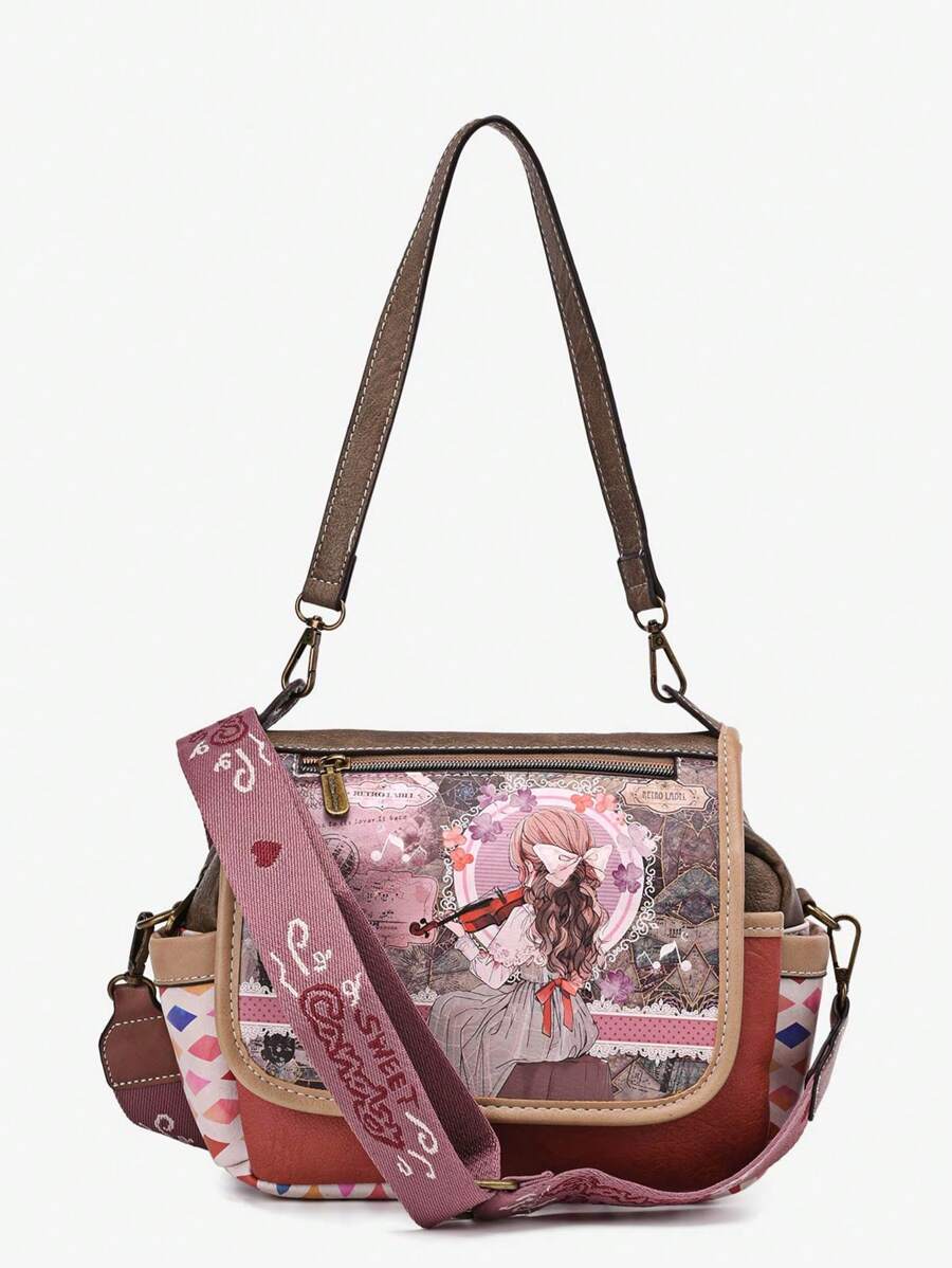 Bolso cruzado de moda para mujer Sweet & Candy, con correas de cinta doble, piel de PU, estampado de mariposa caprichoso y lindo de dibujos animados, diseño único talla grande vendido, ligero, para viaje, escuela, commuter, retro, universidad, elegante, commuter