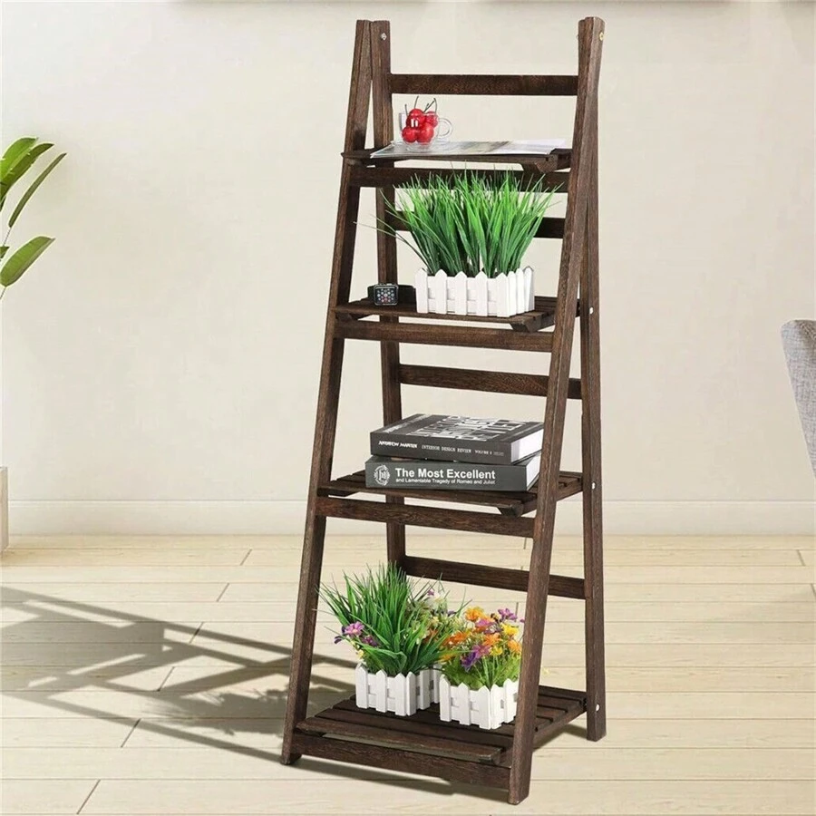 UNHO Folding Wooden Ladder Storage Rack Shelf Unit Corner Book Shelves Plant Ladder Racks 4 Tier Plant Stand Flower Display Stand