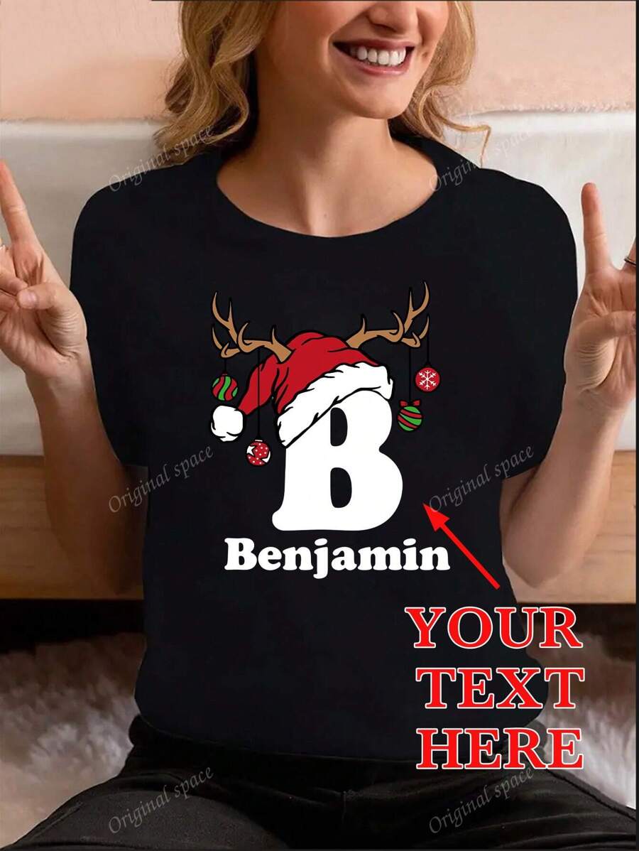 Camiseta navideña personalizable de cuello redondo, personaliza tu texto/nombre/bendición, conjunto de grupo para reunión familiar, fiesta de Navidad, top negro, ropa de otoño, top de mujer, conjunto navideño, regalo navideño, regalo para la mejor amiga, regalo para ella