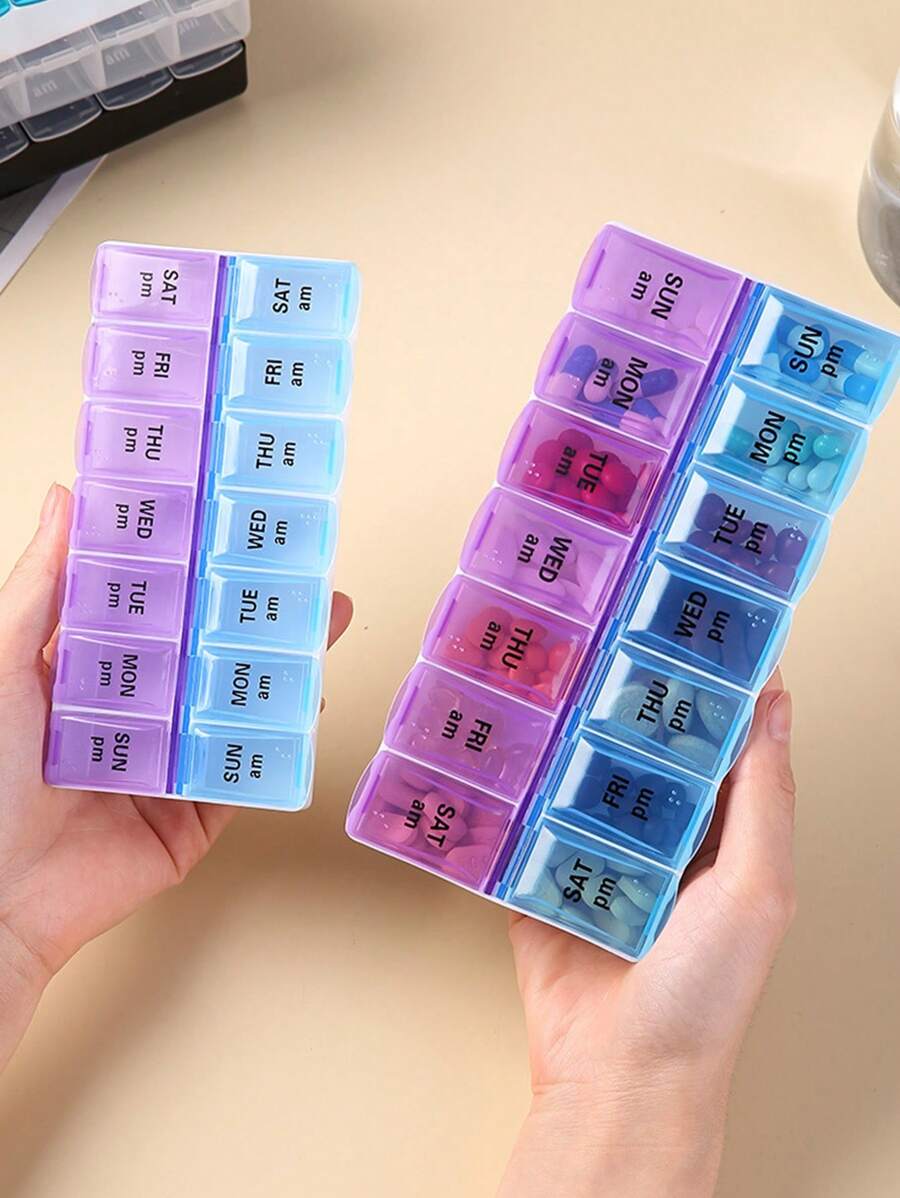 1pc/2 Rows 14 Grid Blue&Purple Pill Box, Convenient Portable Mini Travel Large Capacity Moisture-Proof Sealed Easy To Distinguish Morning & Night Tablet Capsule Vitamins Organizer Box With Braille Identification, 1 Week 7 Days AM&PM Medicines Dispenser, Material