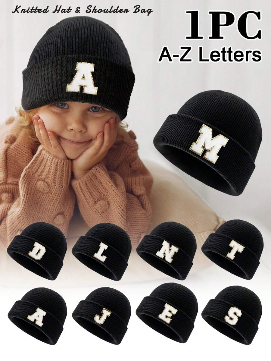 1 pieza Gorro de punto para niños con 26 letras del alfabeto, gorro de punto personalizado cálido para bebés e infantes, adecuado para uso diario de niños y niñas