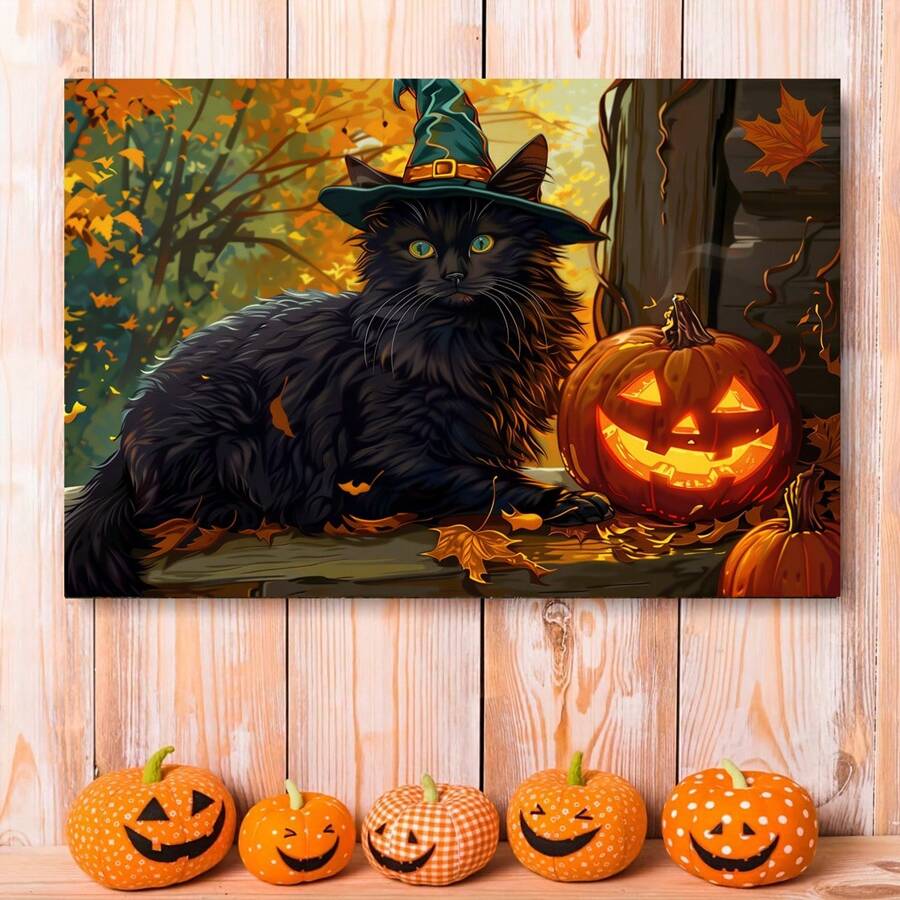 1pc Cute Black Cat With Witch Hat Halloween Canvas Wall Art - Vintage Framed Horror Pumpkin Tree Print In For Bedroom, Living Room, Or Bathroom Decor | Ready To Hang For Spooky Halloween Vibes