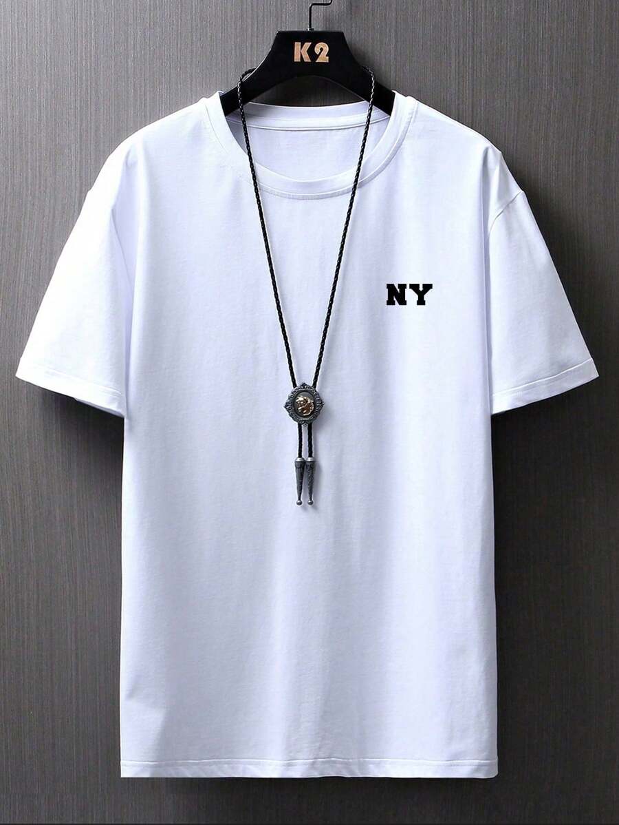 Camiseta Masculina Estampa De Letras NY Camisa De Gola Redonda Lançamento