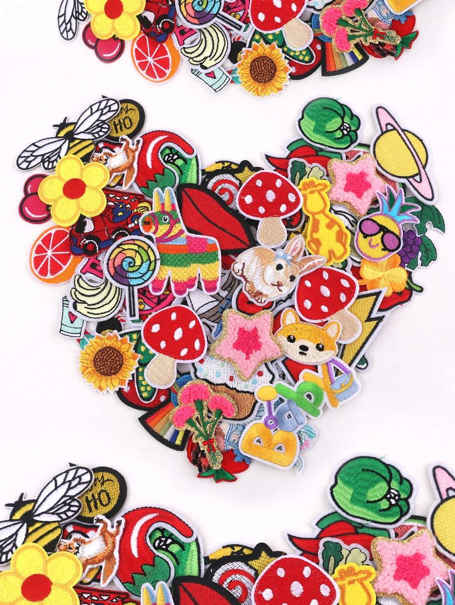 50 piezas/Paquete Parches de bordado de girasoles y letras en inglés termoadhesivos de colores aleatorios, aptos para DIY en ropa y accesorios - sombreros, jeans, vestidos, etc. Adorables y únicos apliques bordados de dibujos animados