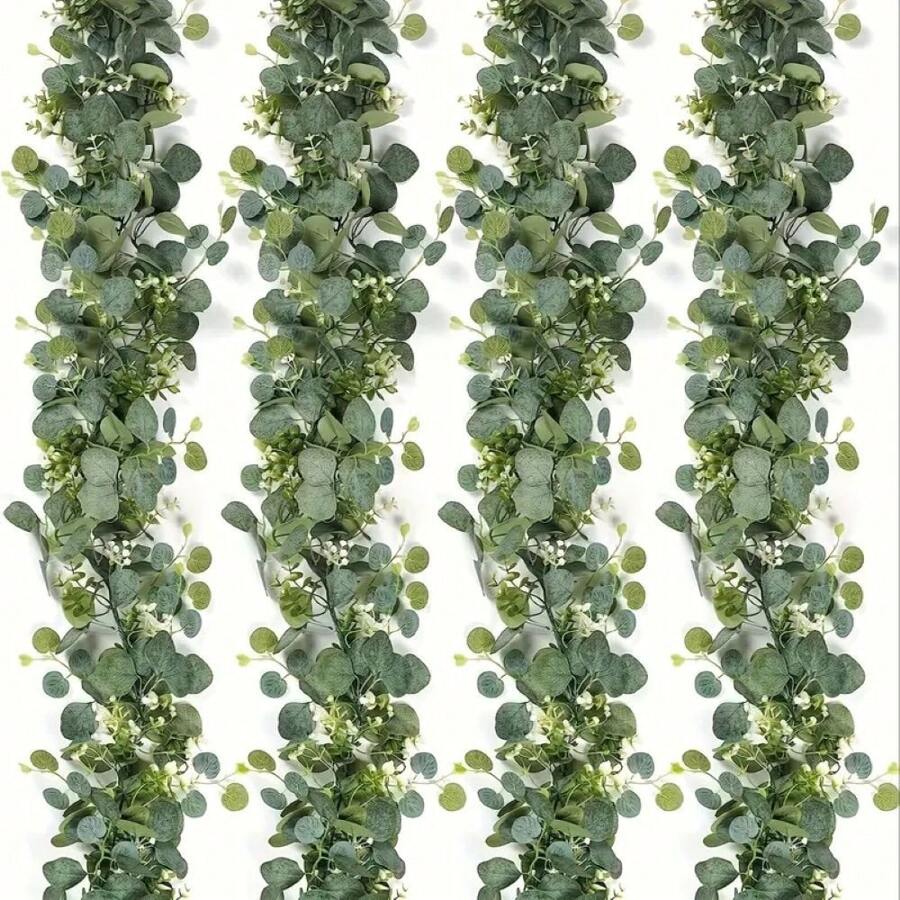 1pc Eucalyptus Floral Wreath With White Flowers, 5.9ft/180cm Silver Dollar Eucalyptus Leaf Babys Breath Wreath, Artificial Green Leaves Garland, Suitable For Wedding Party Fireplace Mantel, Table Runner, Home Decor, Office Decor, Summer