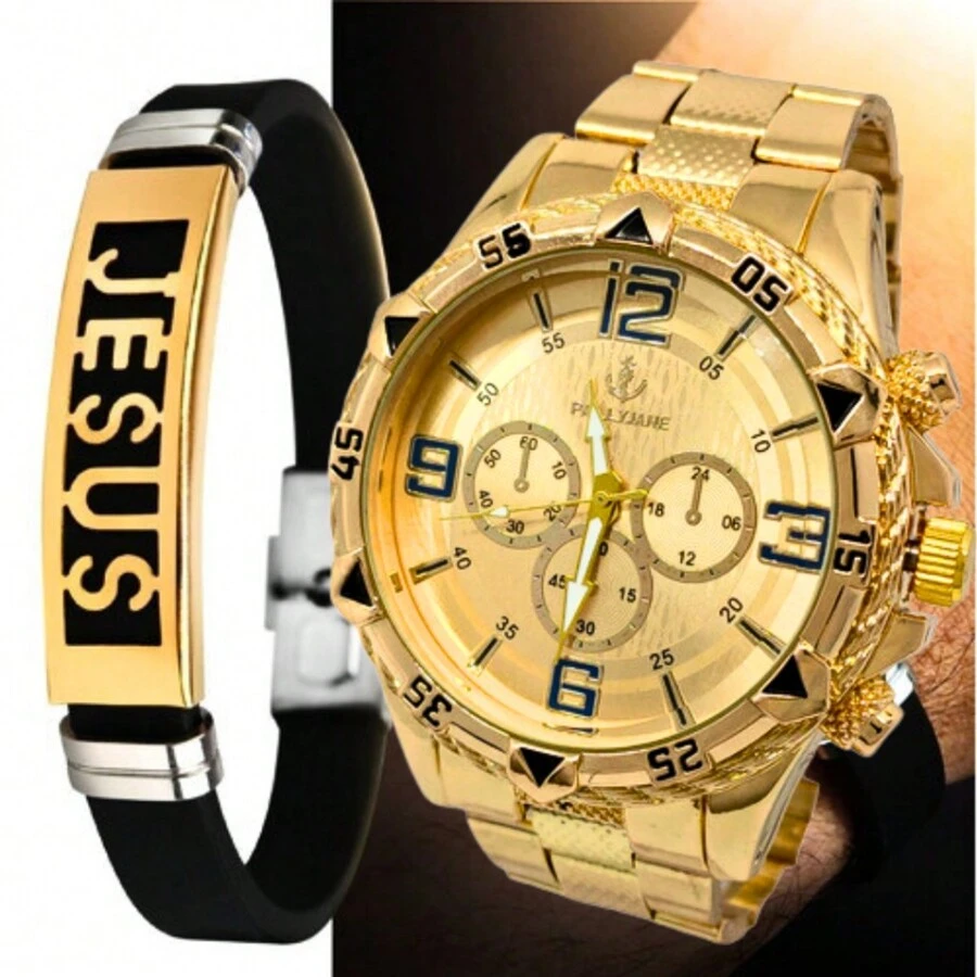 Kit Relógio Masculino Pallyjane Dourado Banhado a Ouro 18k a Prova D'água + Pulseira de Borracha Jesus