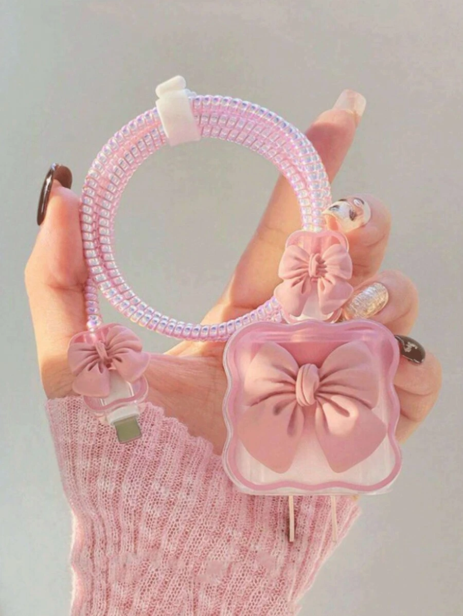 5pcs/Set Fashion Pink/Purple/Black Bow Charging Cable Protector With 1/2A Charging Head Cover Charger Protector