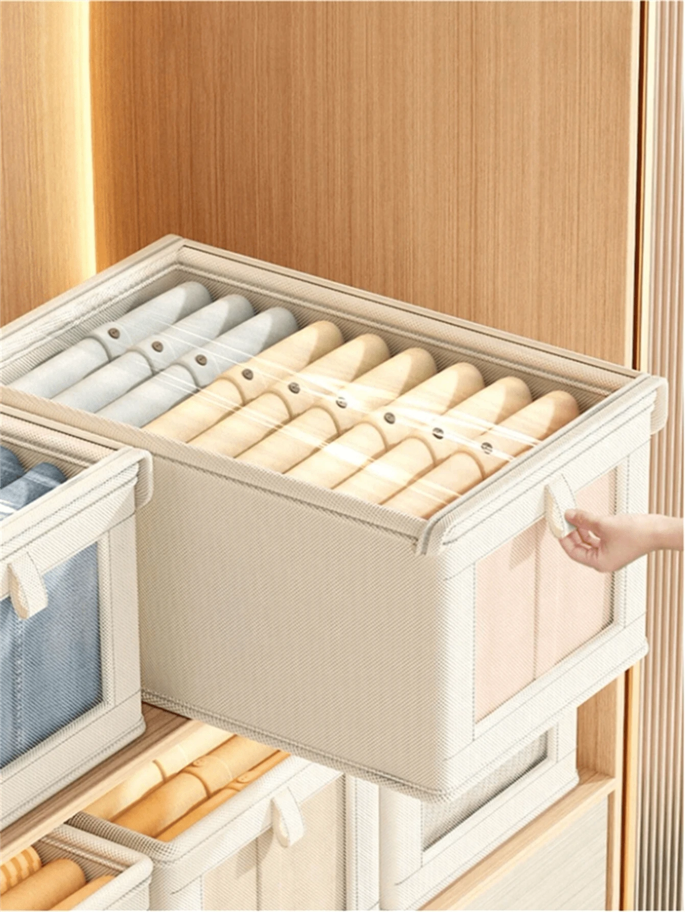 1 pièce Boîte de rangement pliable beige avec couvercle et fenêtre transparente, boîte de rangement pour vêtements style tiroir, décoration de maison pour la chambre, la salle des fêtes, décoration de chambre, décor de pièce, décorations, décorations, décor, rangement, organisateur pour robe, pantalon, chaussures, jean, botte, jupe