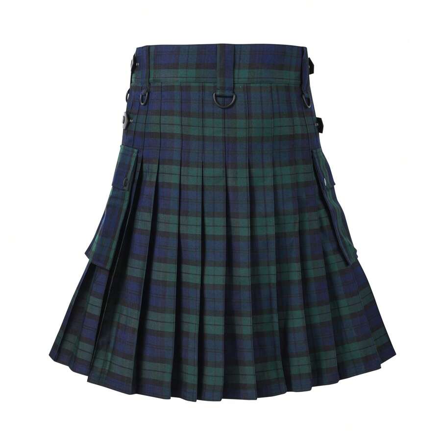 European & American Spring Season Men's Traditional Scottish Tartan Plaid Kilt Skirt, Pure Green Pleated Skirt, Suitable For Festivals, Halloween, Costume, Party, Adjustable Size, With Decorative Belt