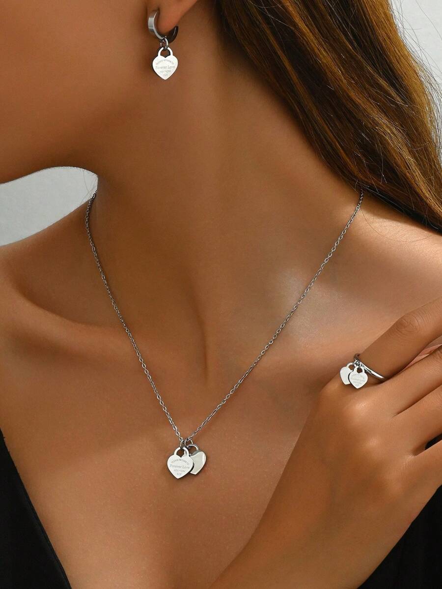 4pcs Minimalist Engraved Double Heart Necklace, Ring, Earring Women Fashion Titanium Steel Jewelry Gift Set Valentines,Mom,Mother,Mother's Day,Gift