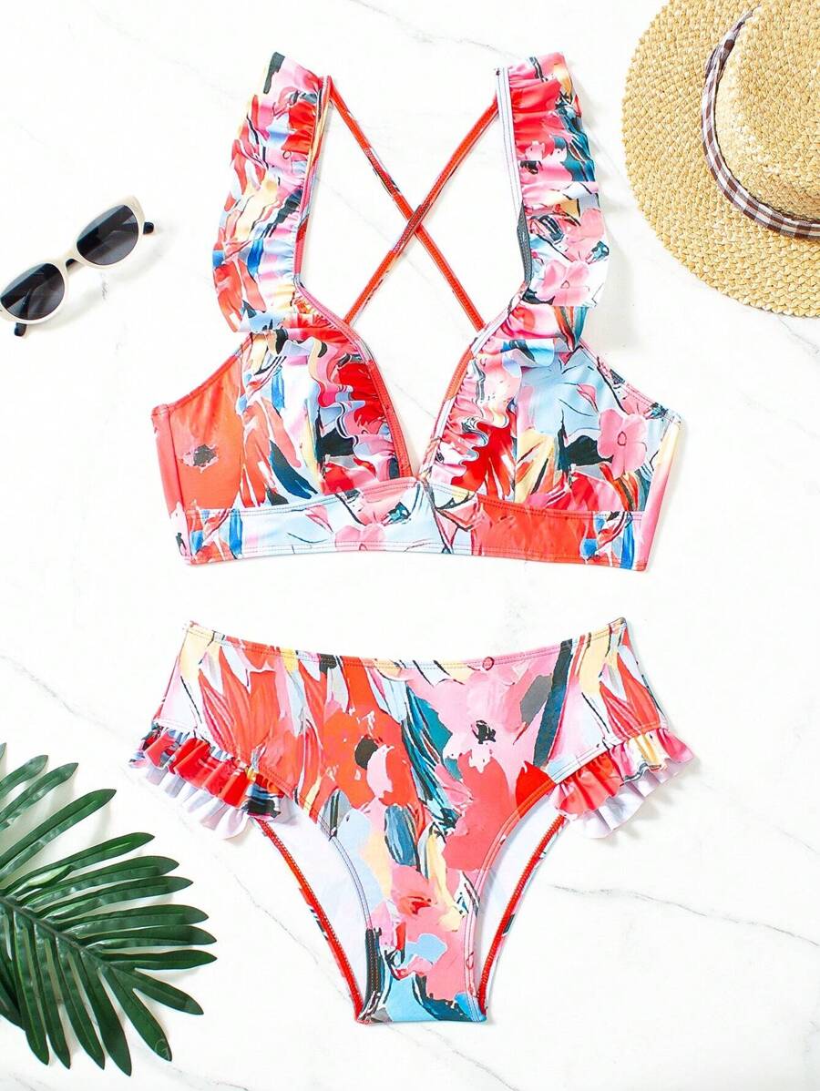 Women's Printed Flounce Shoulder Criss-Cross Back Bikini Summer