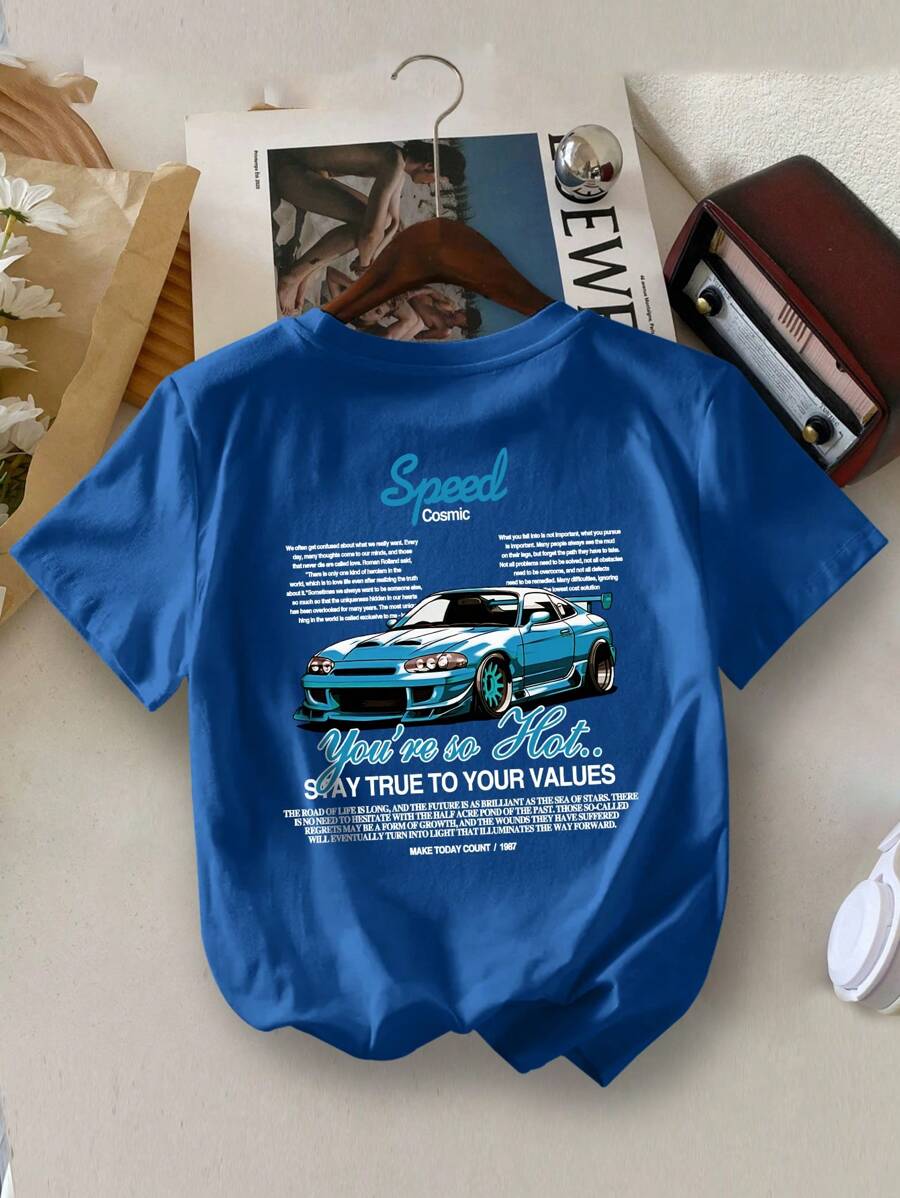 Camiseta informal de cuello redondo con estampado de coche para niños, para niños